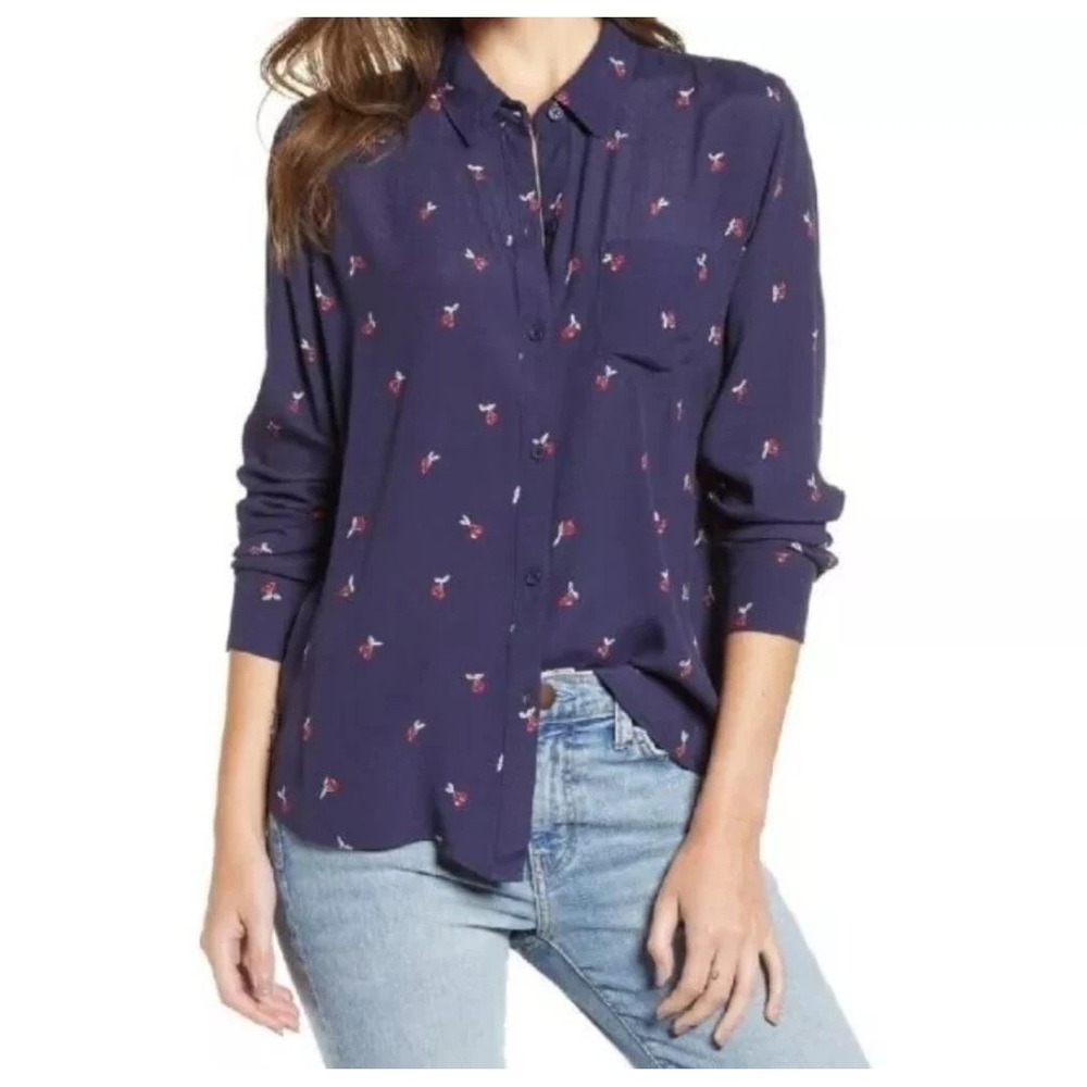 Rails Kate Navy Blue Cherries Shirt Button Up Rayon Cherry Novelty Print XS B34 - Picture 1 of 14